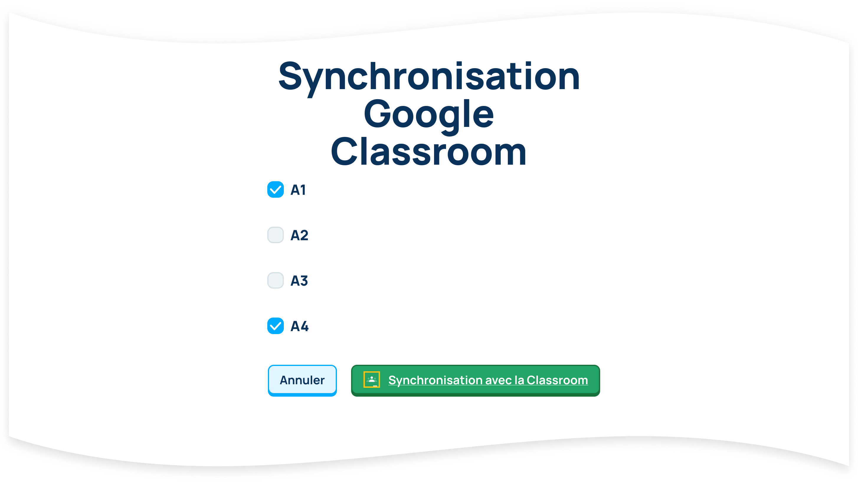 Sélectionnez les cours que vous souhaitez ajouter à Ratatype et cliquez sur le bouton Sync to Classroom. Vous pouvez choisir n'importe quel nombre de classes.
