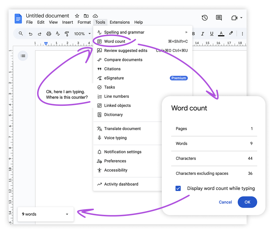 Google Docs du compteur de mots